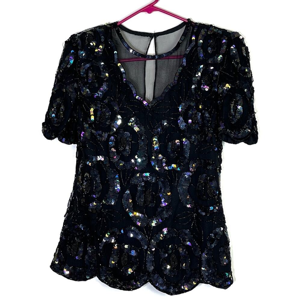 Vintage Laurence Kazar Sequin Short Sleeve Blouse Small EUC